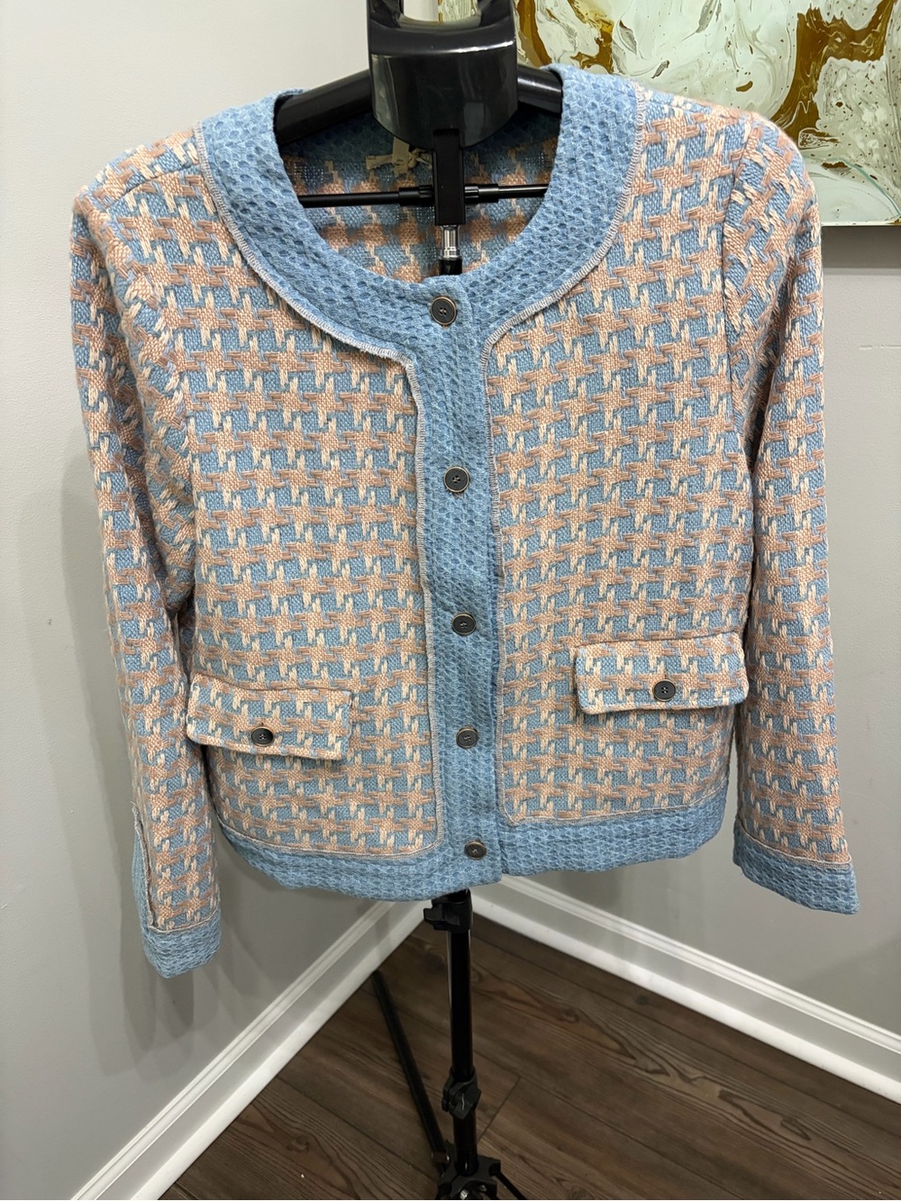NWT Mystree Houndstooth Tweed 2-Piece Set Jacket Shorts Blue Tan Size L